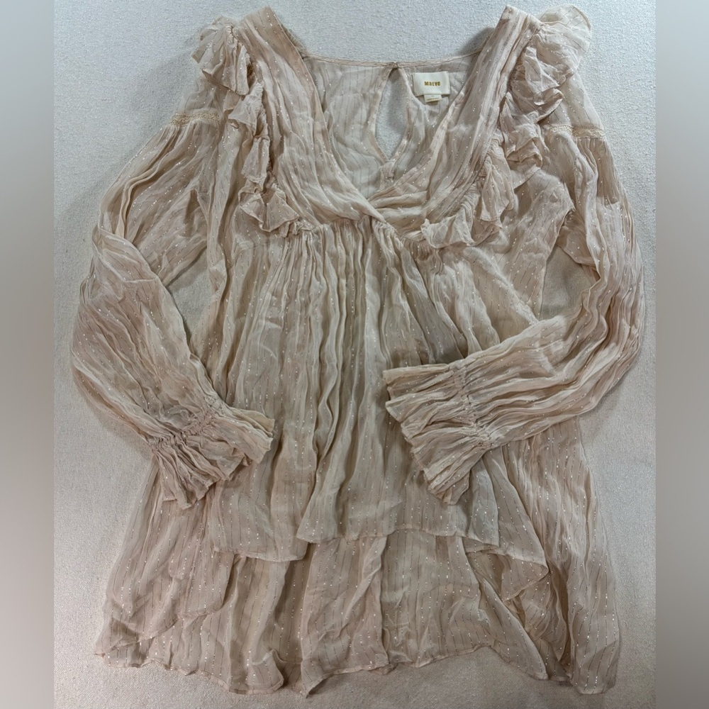 Maeve Anthropologie Sheer Ruffle Blouse Size 10 Cream Metallic Stripe Boho Top - Picture 2 of 7